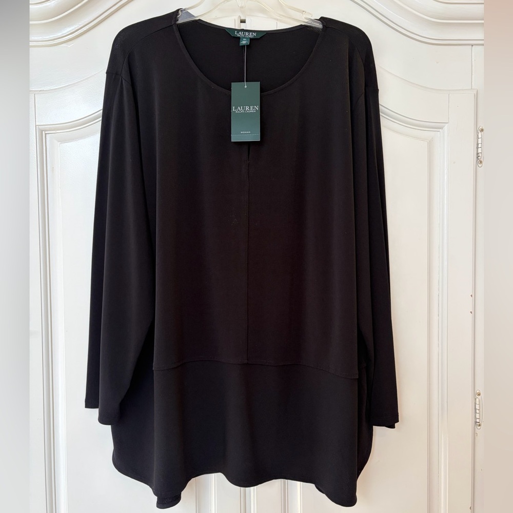 Lauren Ralph Lauren Black Slit Keyhole Long-Sleeve Blouse Tunic Top